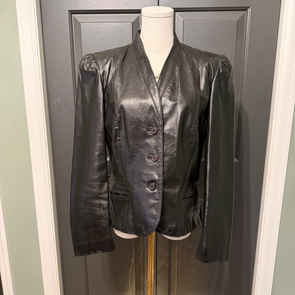 Vintage Le Soleil Black Leather Blazer | Puff Shoulder | Women’s Small